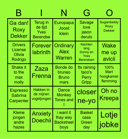 de grote prijzen muziek bingoooo Bingo Card