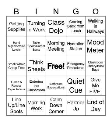 Classroom Procedures Bingo Card