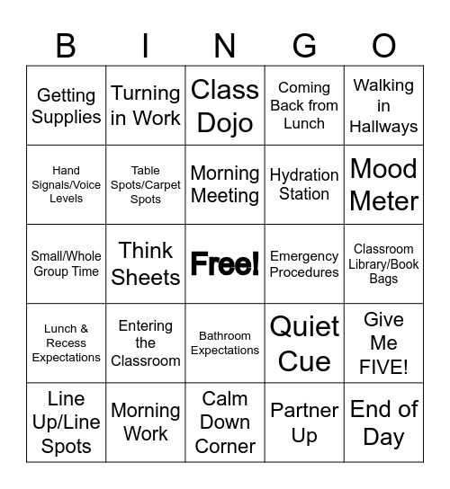 Classroom Procedures Bingo Card