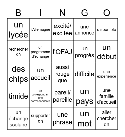 Découvertes 3 Unité 1 Bingo Card