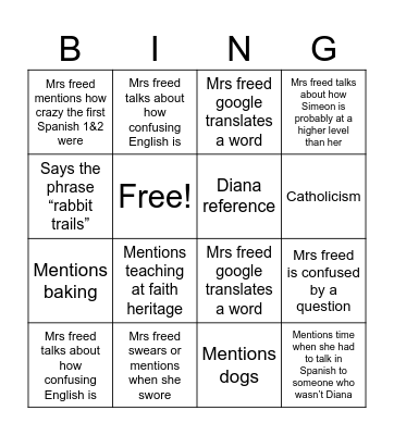 Mrs. Freed Bingo!!! Bingo Card