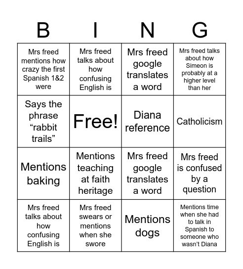 Mrs. Freed Bingo!!! Bingo Card