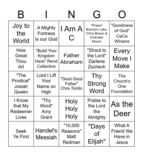 Worship Music Bingo Card