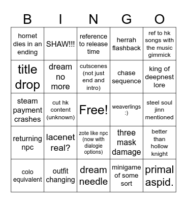 silksong bingo Card