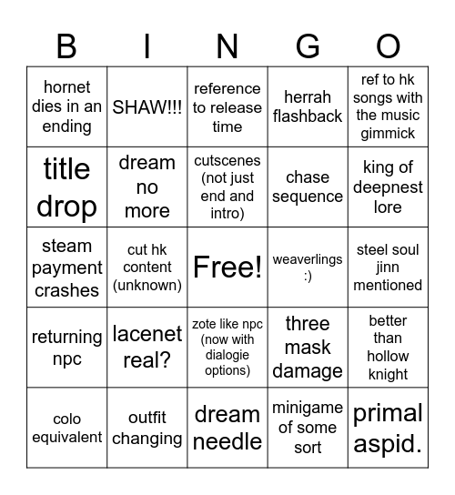 silksong bingo Card