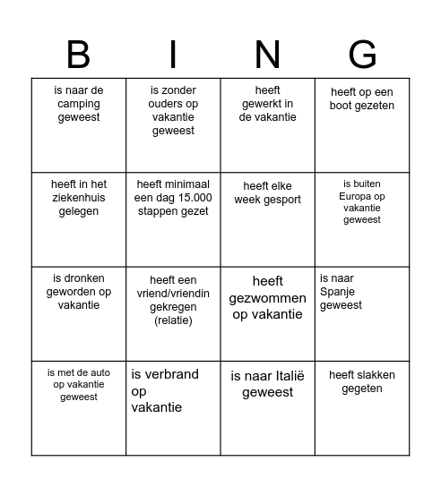 Vakantie BINGO (gebruik elke naam maar 1x) Bingo Card