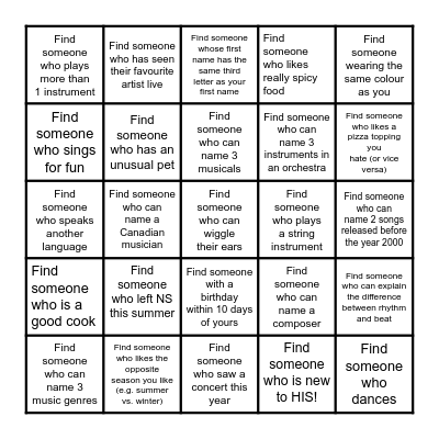 Get to know you! Bingo Card