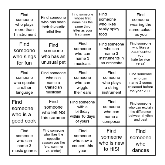 Get to know you! Bingo Card