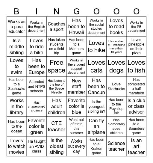 Timberline high school bingo Card