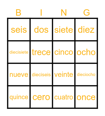 Spanish Numeros 0-20 Bingo Card