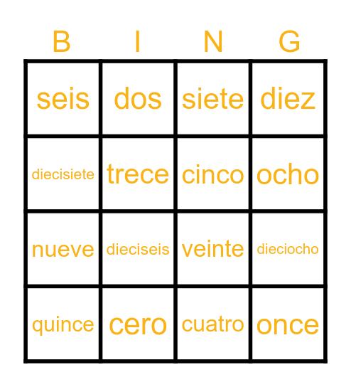 Spanish Numeros 0-20 Bingo Card