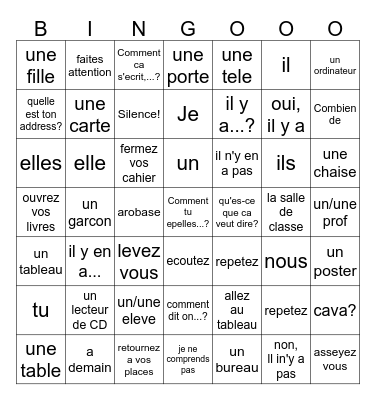 Vocabulaire 2 Unite 1 Bingo Card