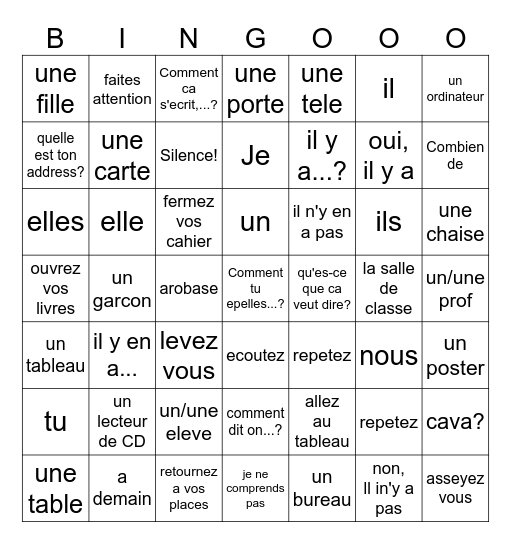 Vocabulaire 2 Unite 1 Bingo Card