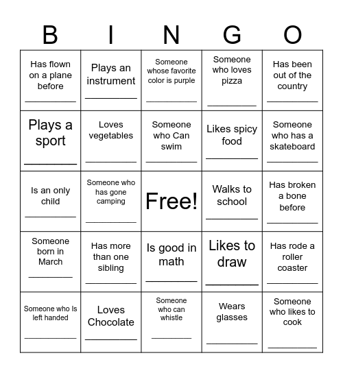 Get to know you Bingo Card