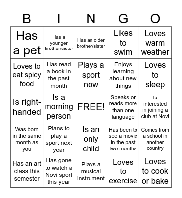 New Student Bingo Card