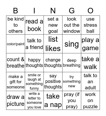 Coping Skills Bingo Card