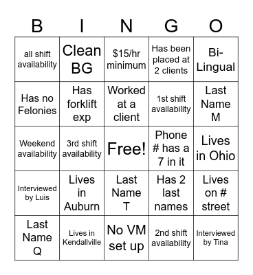 Recruiting Call Bingo Card