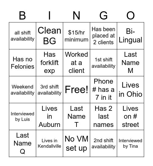 Recruiting Call Bingo Card