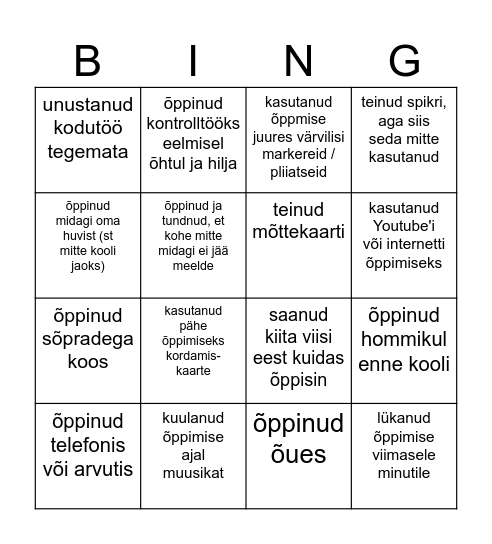 ÕPIBINGO: Olen ... Bingo Card