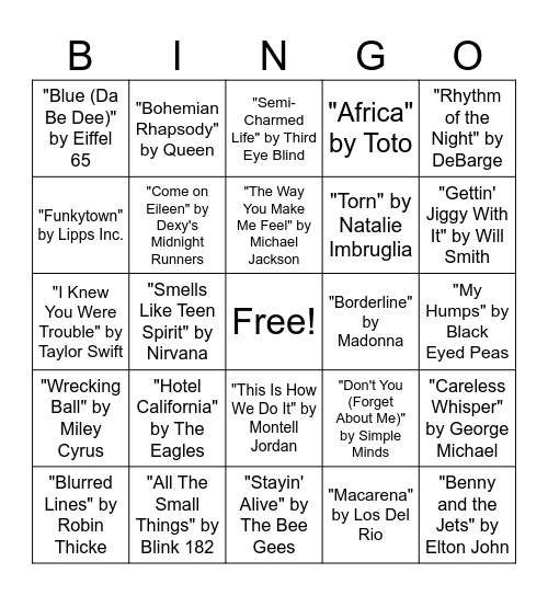 Name that Tune Bingo Card