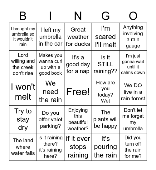 Rainy Day Bingo Card