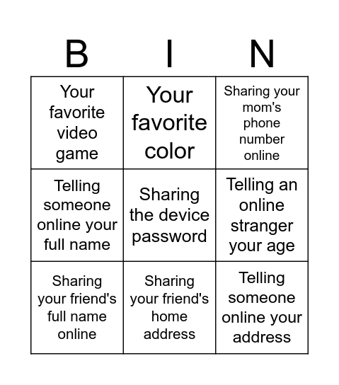 That's Private! Bingo Card