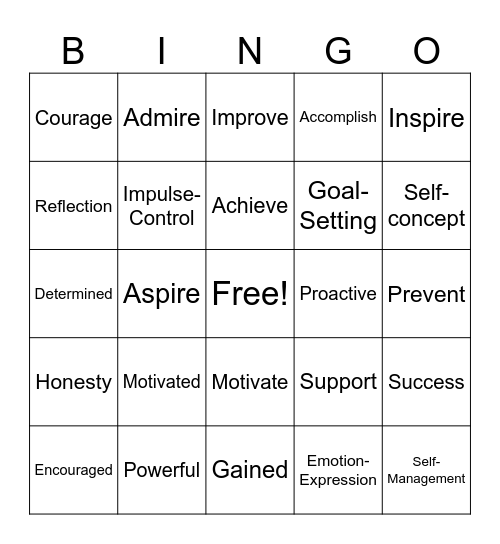 Positive Action Words Bingo Card