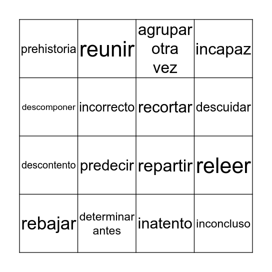 Prefijos Bingo Card