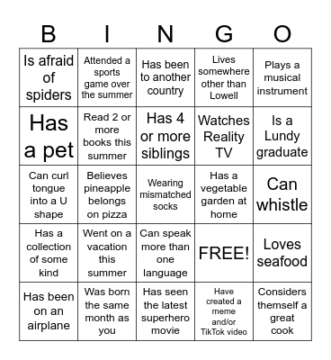 Getting to Know You Bingo Card