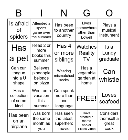 Getting to Know You Bingo Card