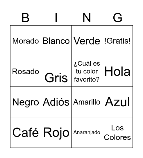 Los Colores Bingo Card