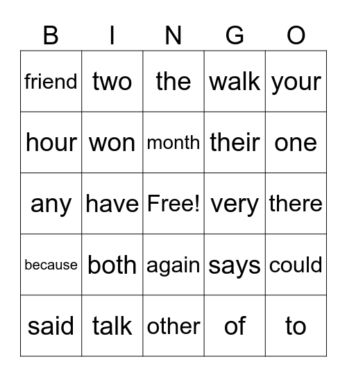 Heart Words Bingo Card