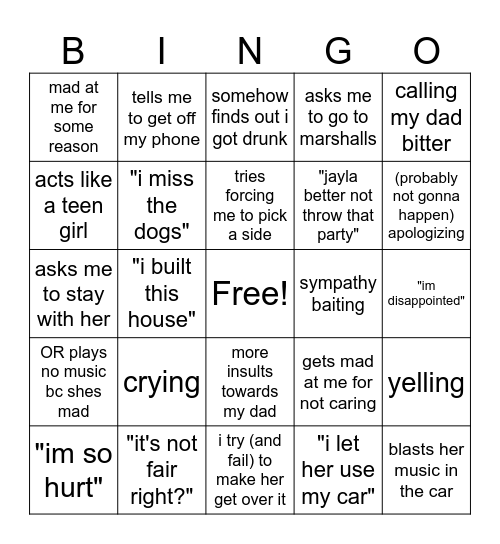 how my mom is gonna be Bingo Card