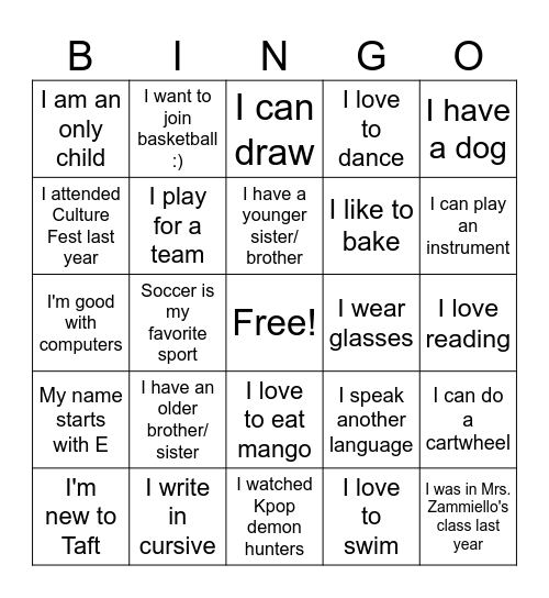 4th Grade All About Me!! Bingo Card