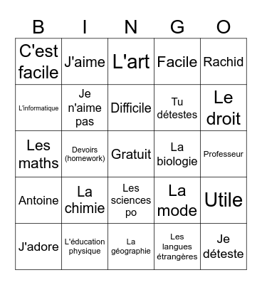 INTRO FRE likes and dislikes Bingo Card