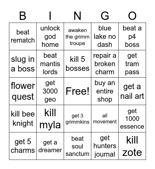 hollow knight Bingo Card