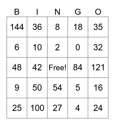 Multiplication Bingo Card