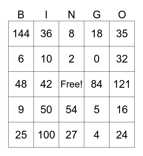 Multiplication Bingo Card