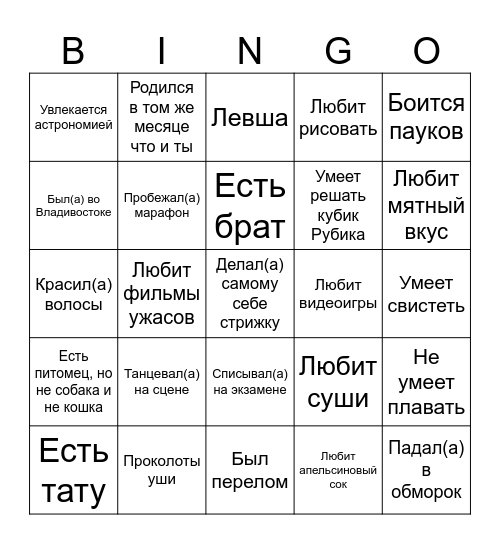 Социальное бинго 2 Bingo Card