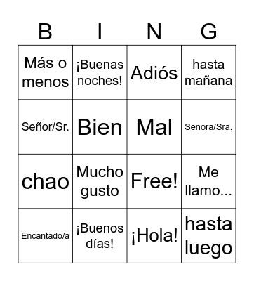 Spanish Greetings Bingo Card