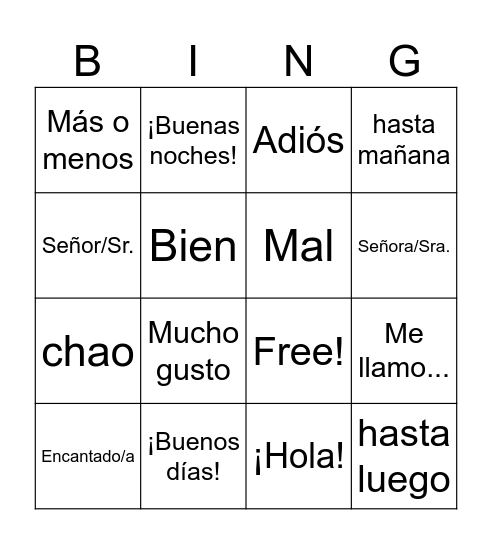 Spanish Greetings Bingo Card