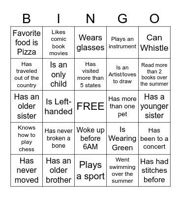 Middle School Bingo Card