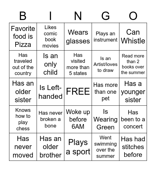 Middle School Bingo Card