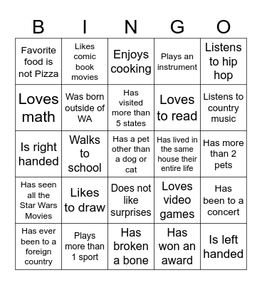 Middle School Bingo Card