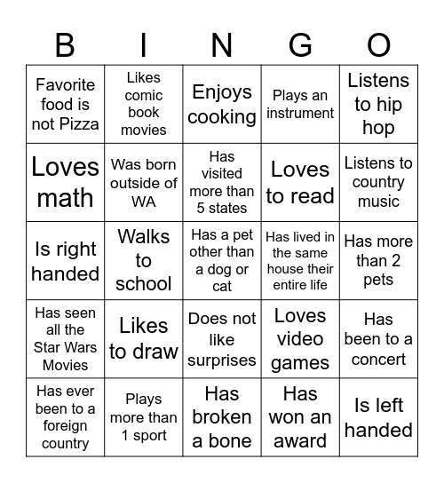 Middle School Bingo Card