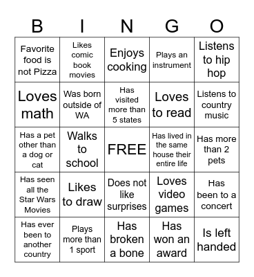 Middle School Bingo Card
