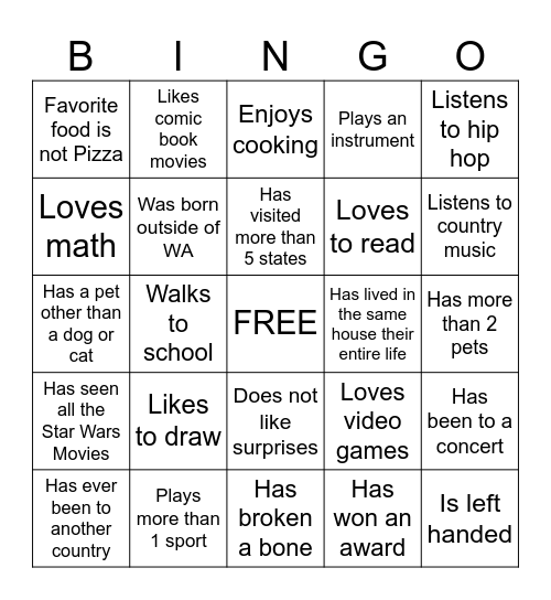 Middle School Bingo Card