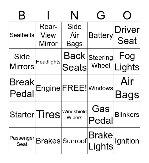 Car Parts Bingo Card