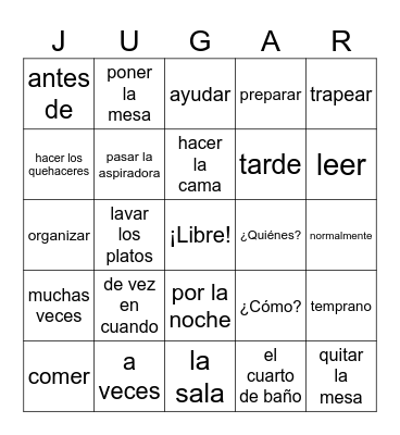Los quehaceres Bingo Card