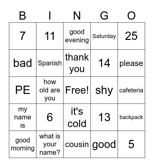 Grade 7 Bingo Card